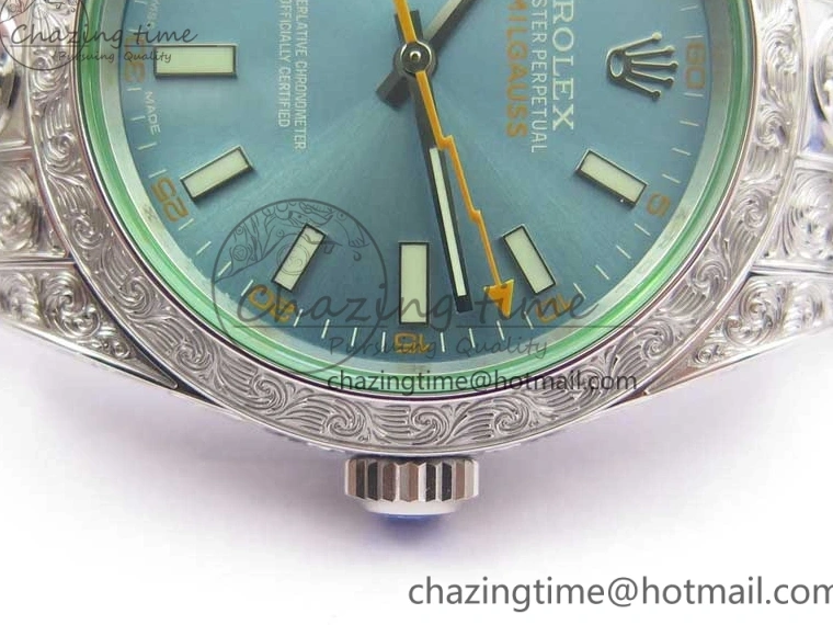 0514 Contemporary Milgauss 116400 904L Engraved SS DJF 11 Best Edition Blue Dial on 904L Engraved SS Bracelet A2836 (Real Green Sapphire Crystal) 3068